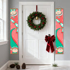 Decorative Christmas wreath with a red bow on a white door, flanked by festive gnome banners.