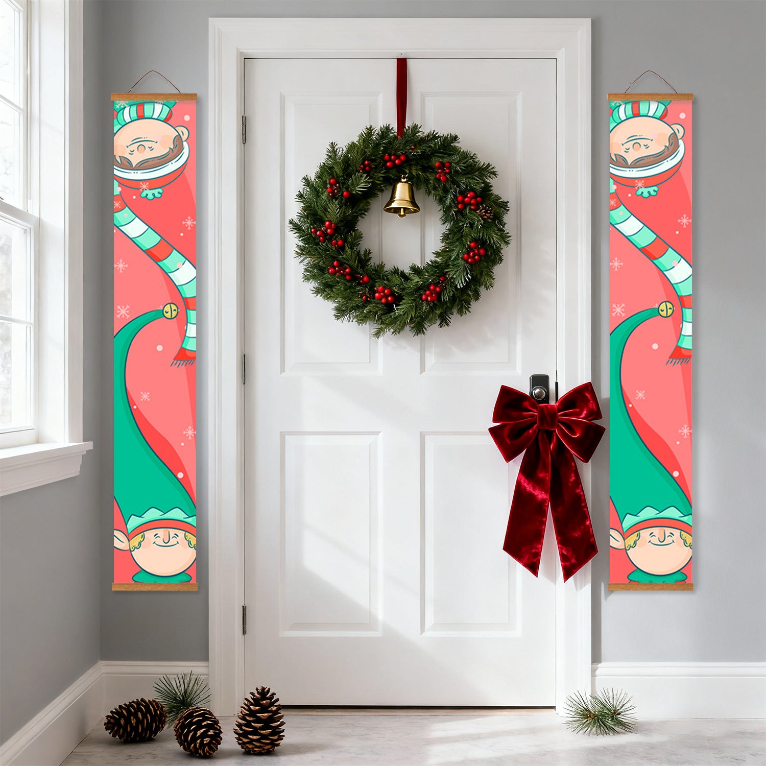 Decorative Christmas wreath with a red bow on a white door, flanked by festive gnome banners.