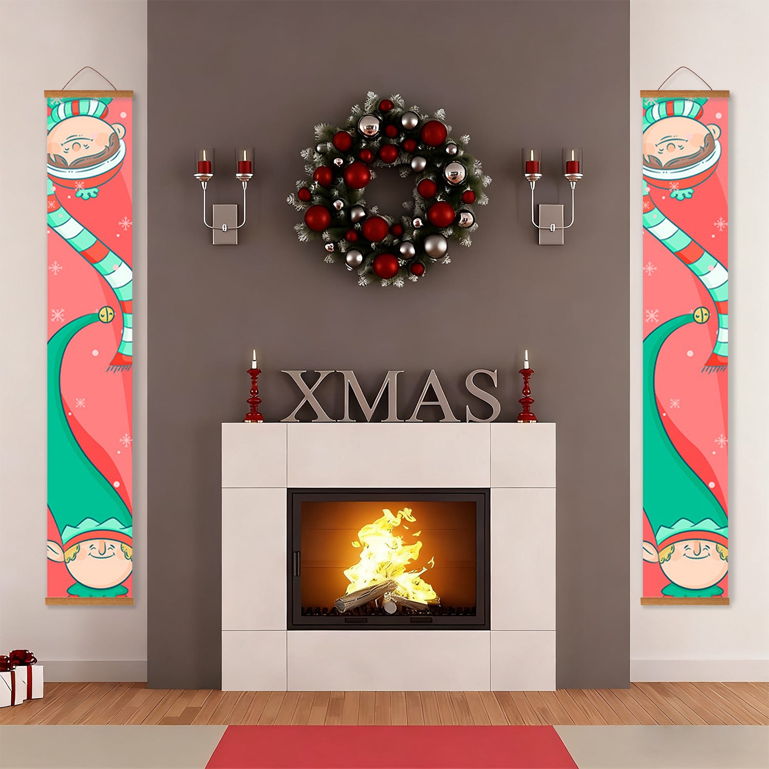 Decorated living room with a fireplace, wreath, and festive decorations.