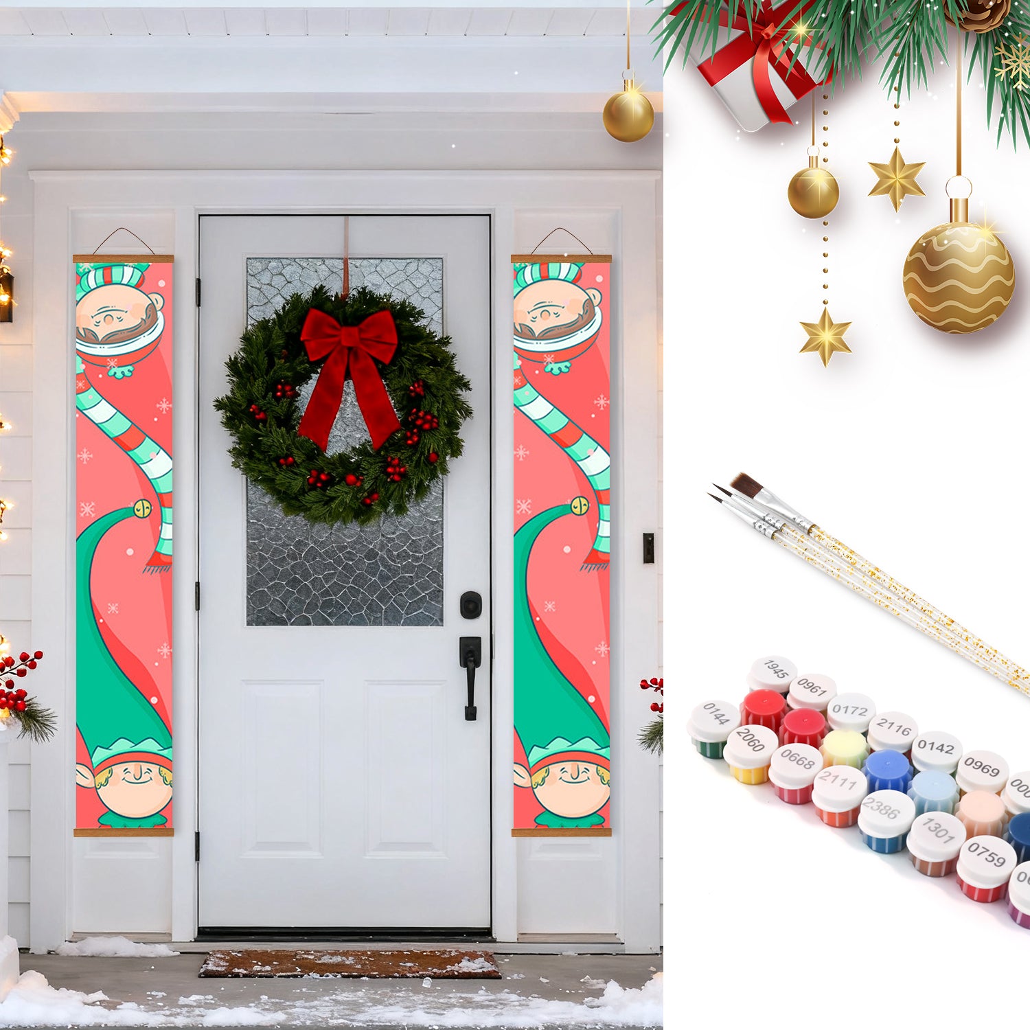 Decorative Christmas banners with elves on a door, wreath, and paint supplies.