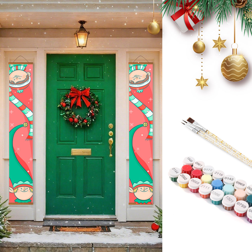 Decorative Christmas door with festive banners and wreath, paint set for DIY decoration.