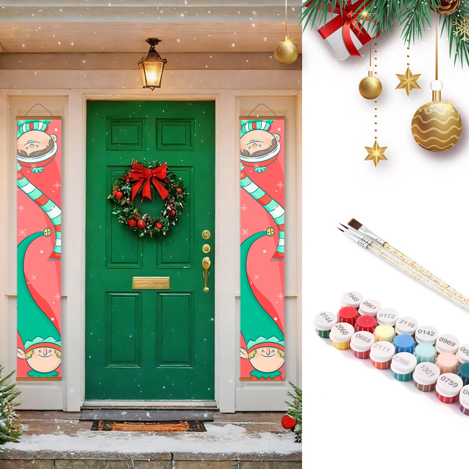 Decorative Christmas door with festive banners and wreath, paint set for DIY decoration.