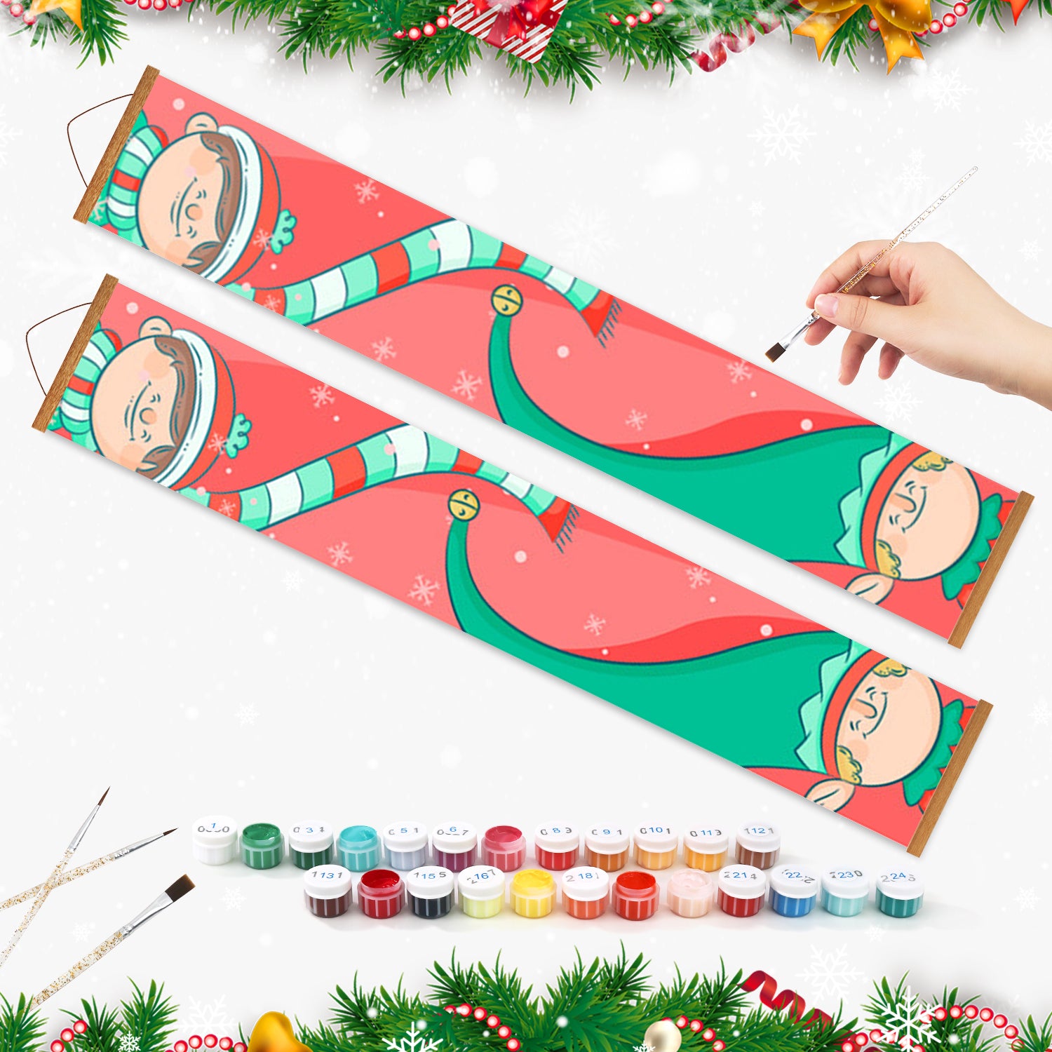 Two Christmas-themed painting boards with a hand holding a paintbrush and a set of paints on a white background.
