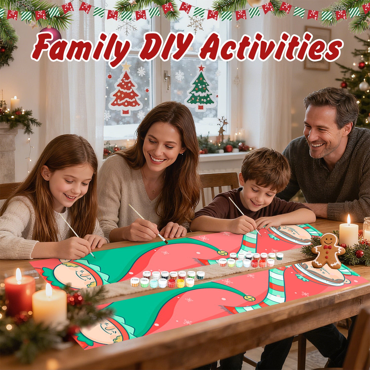 Family engaged in a DIY craft activity with Christmas decorations around them.
