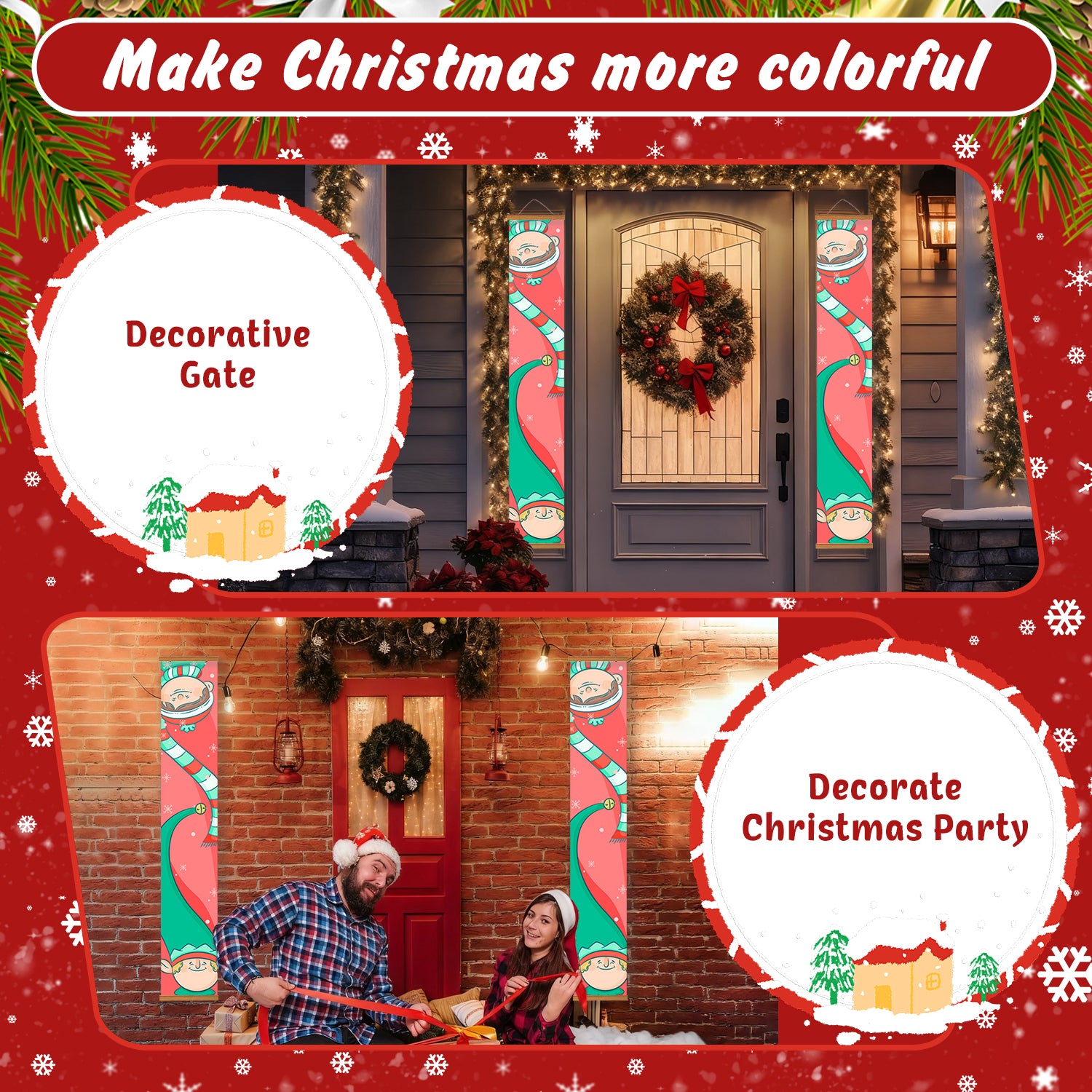 Decorative gate with Christmas-themed decorations and people celebrating.