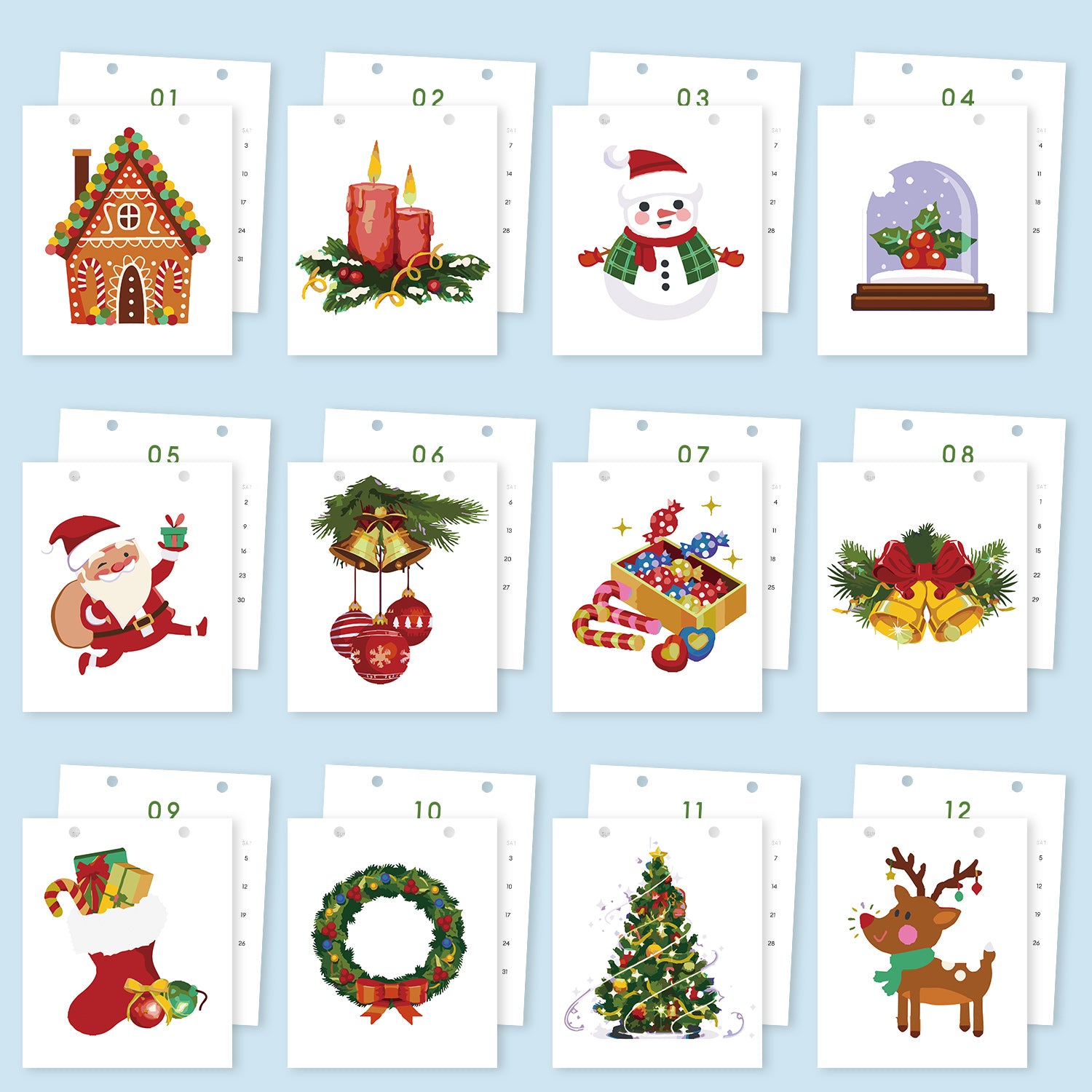  calendario de adviento con ilustraciones navideñas sobre un fondo azul claro