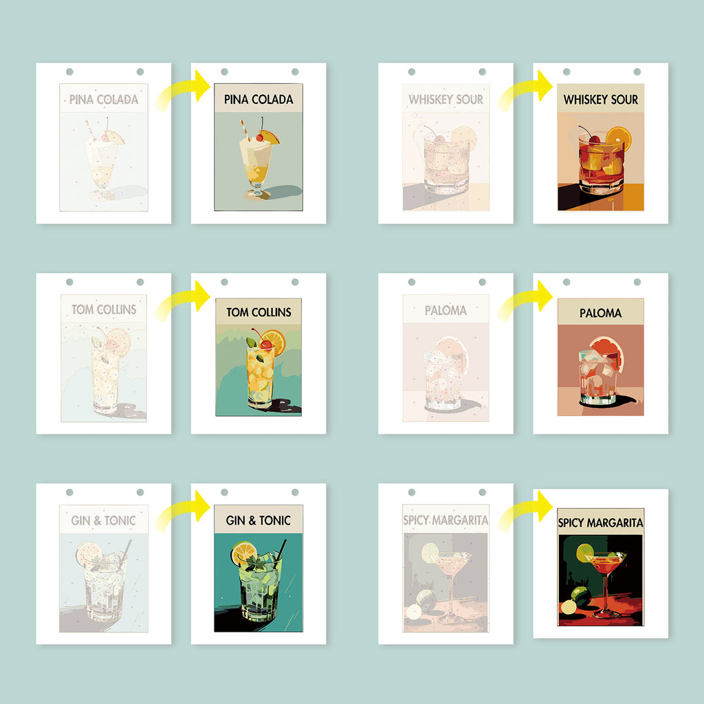 Vibrante calendario de cócteles pintado por números para decoración del hogar o de fiestas.