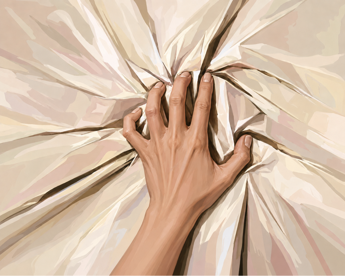 A hand gripping cream-colored bedsheets, drawing the fabric into deep folds.