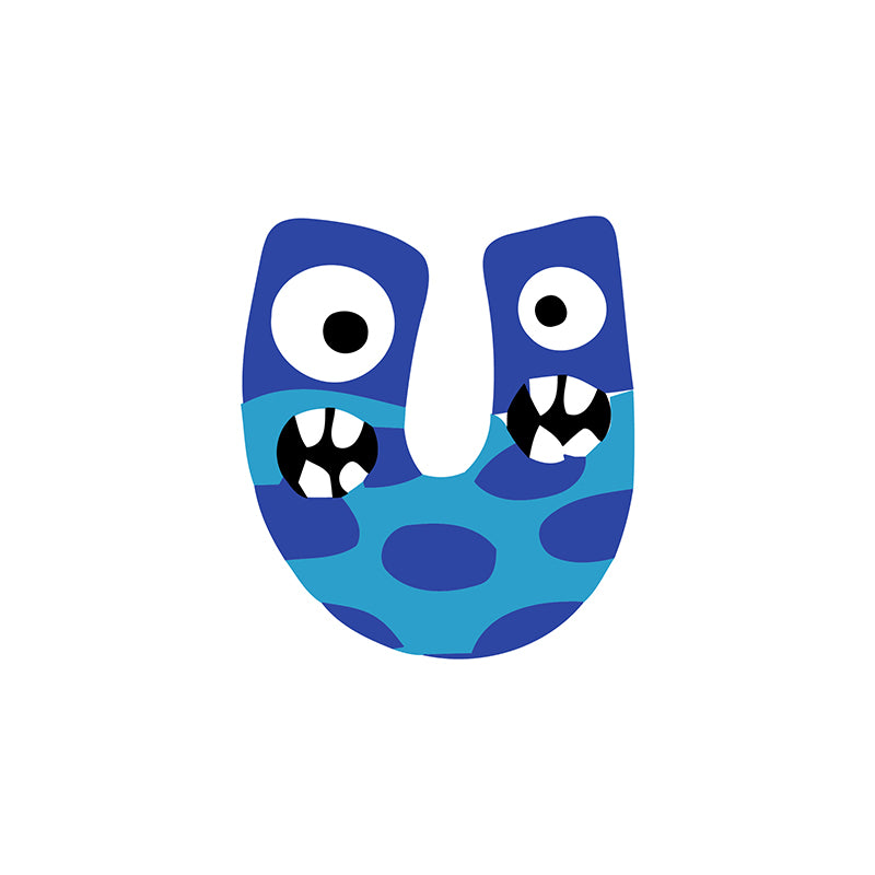 Blue letter 'U' with cartoonish eyes and mouth on a white background
