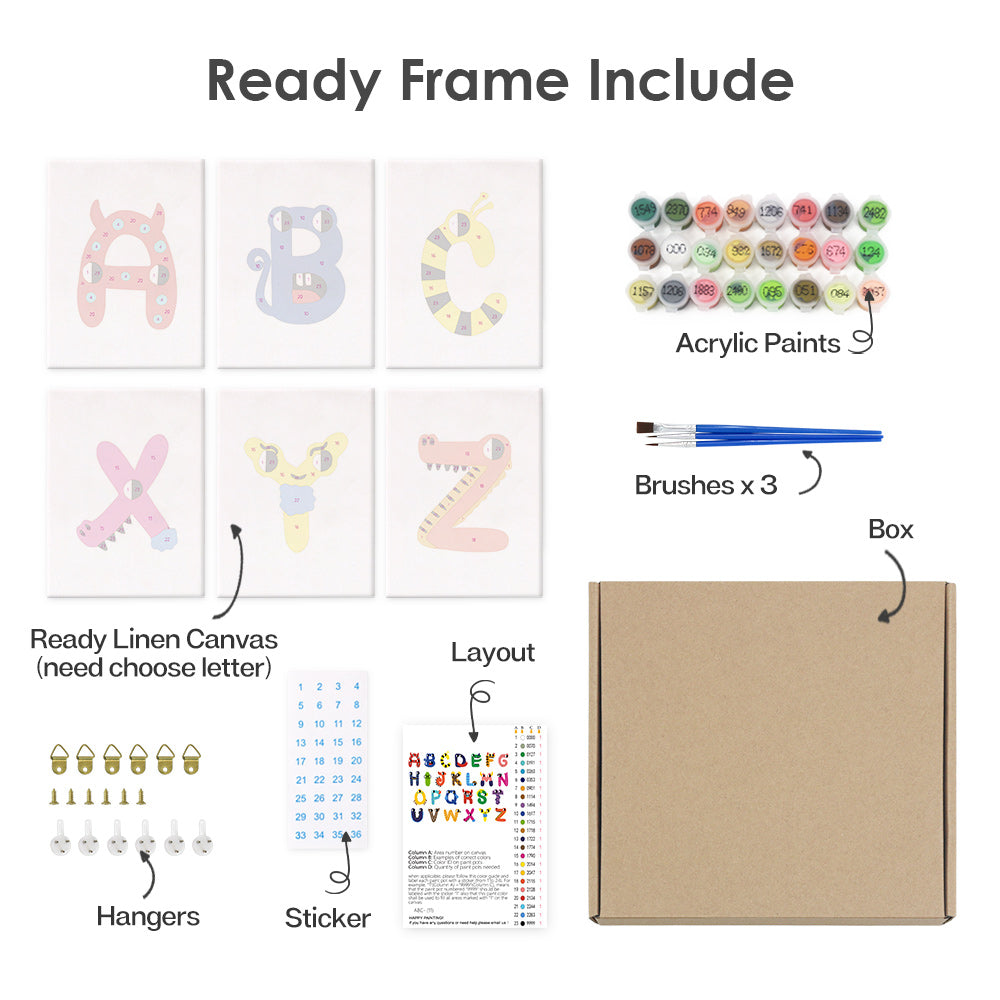 Set of art supplies including acrylic paints, brushes, a linen canvas, and other materials on a white background.