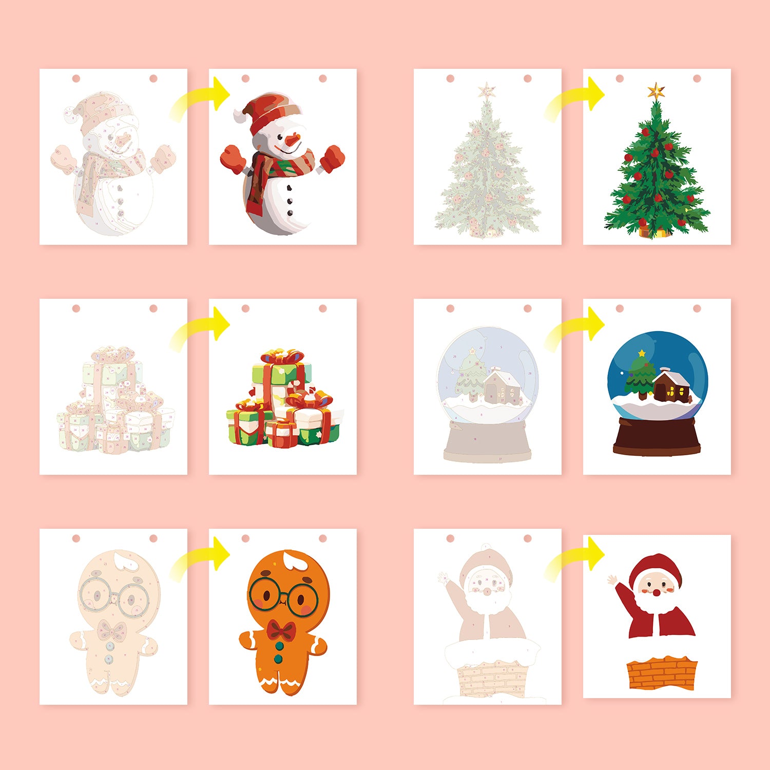 Set of Christmas-themed cards on a pink background