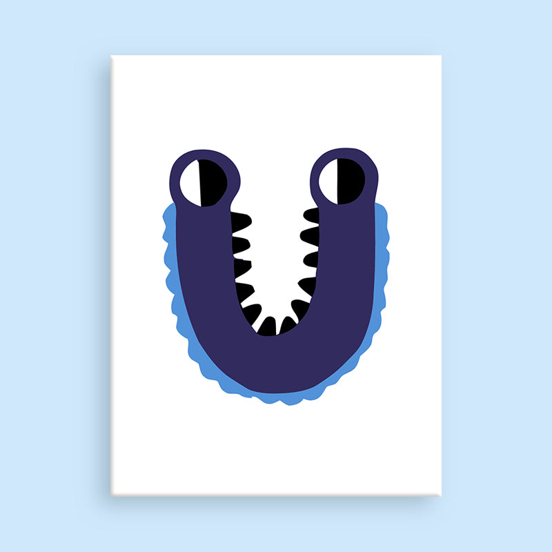 Illustration of a blue letter 'U' with black eyes and white teeth on a light blue background
