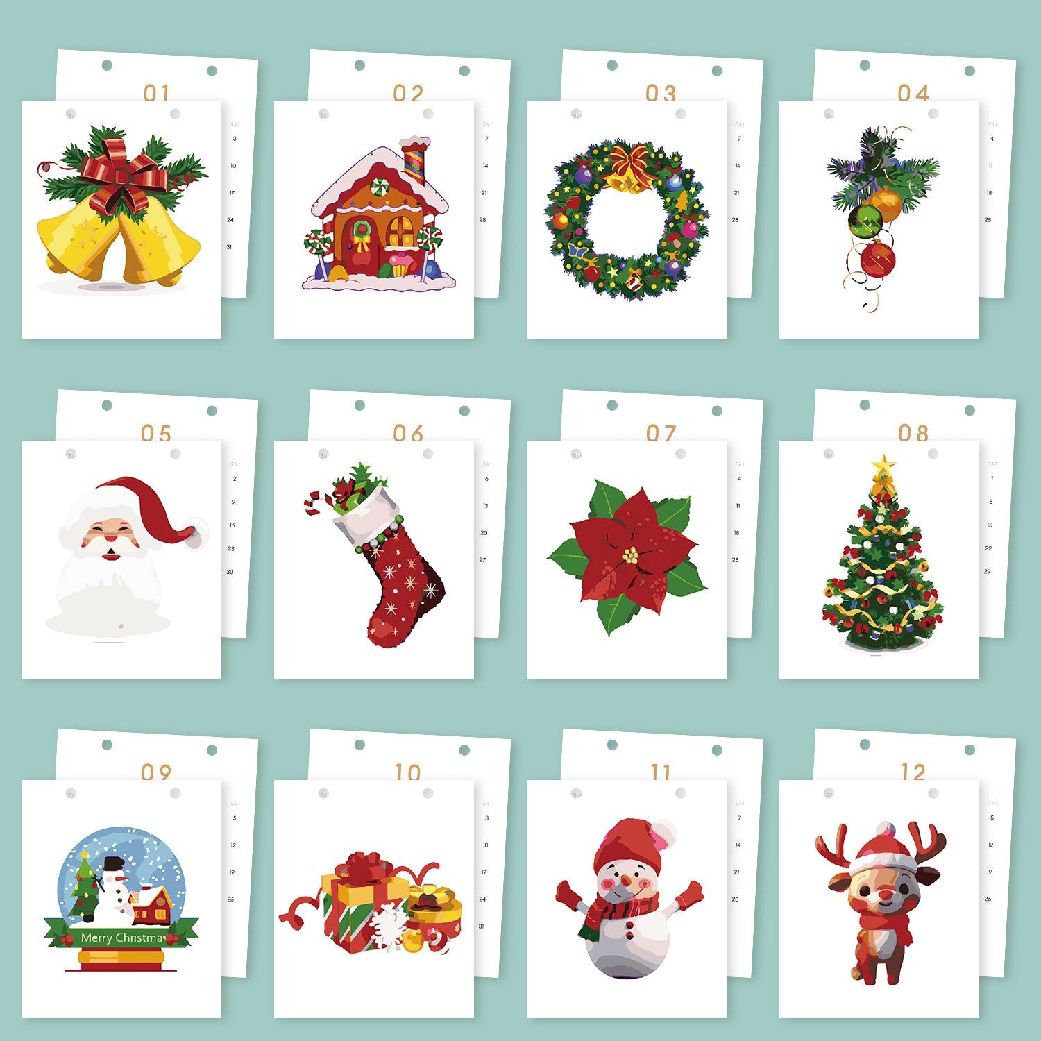  calendario de adviento con ilustraciones navideñas sobre un fondo azul claro