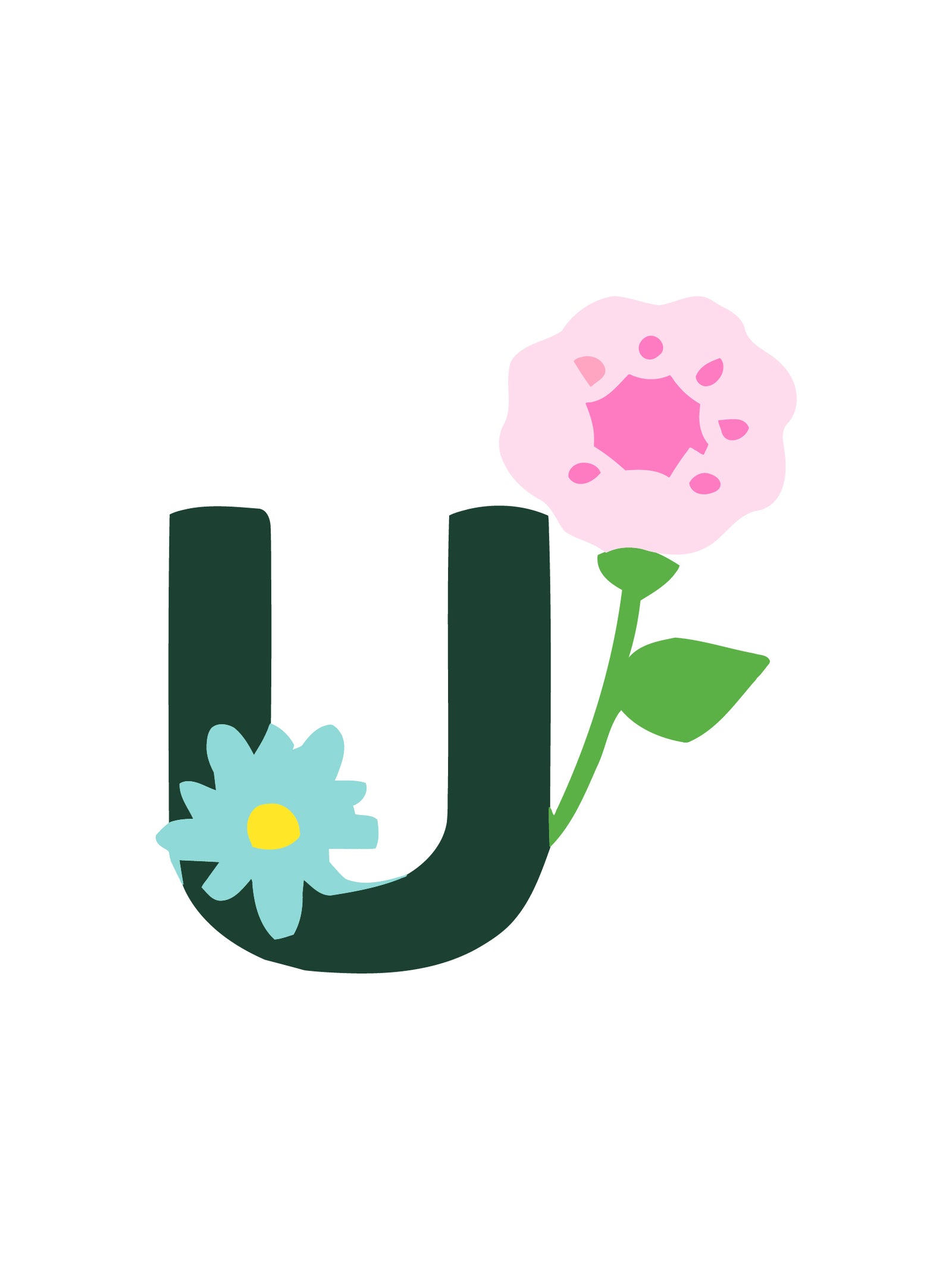 Buchstabe „U“ mit Blumenschmuck auf weißem Hintergrund