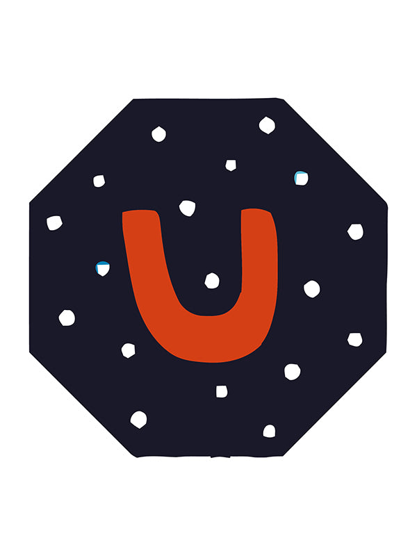 Letter 'U' in orange on a black background with white polka dots