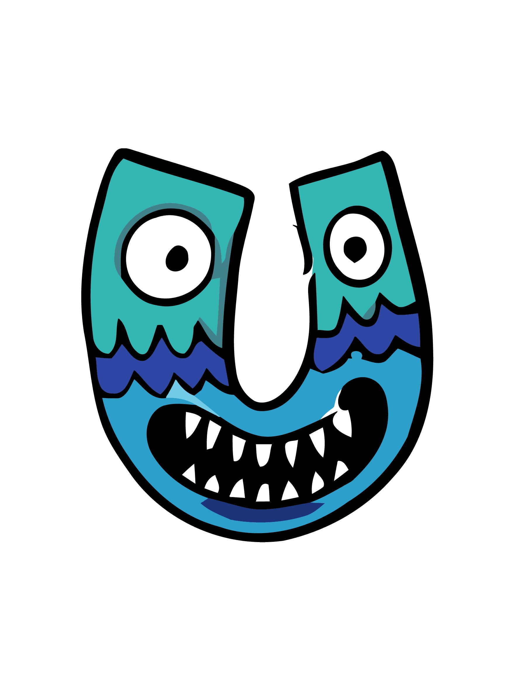 Cartoonish blue creature with wide eyes and a mouth on a white background