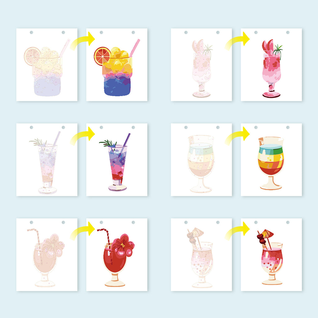 Conjunto de coloridas ilustraciones de bebidas sobre un fondo azul claro