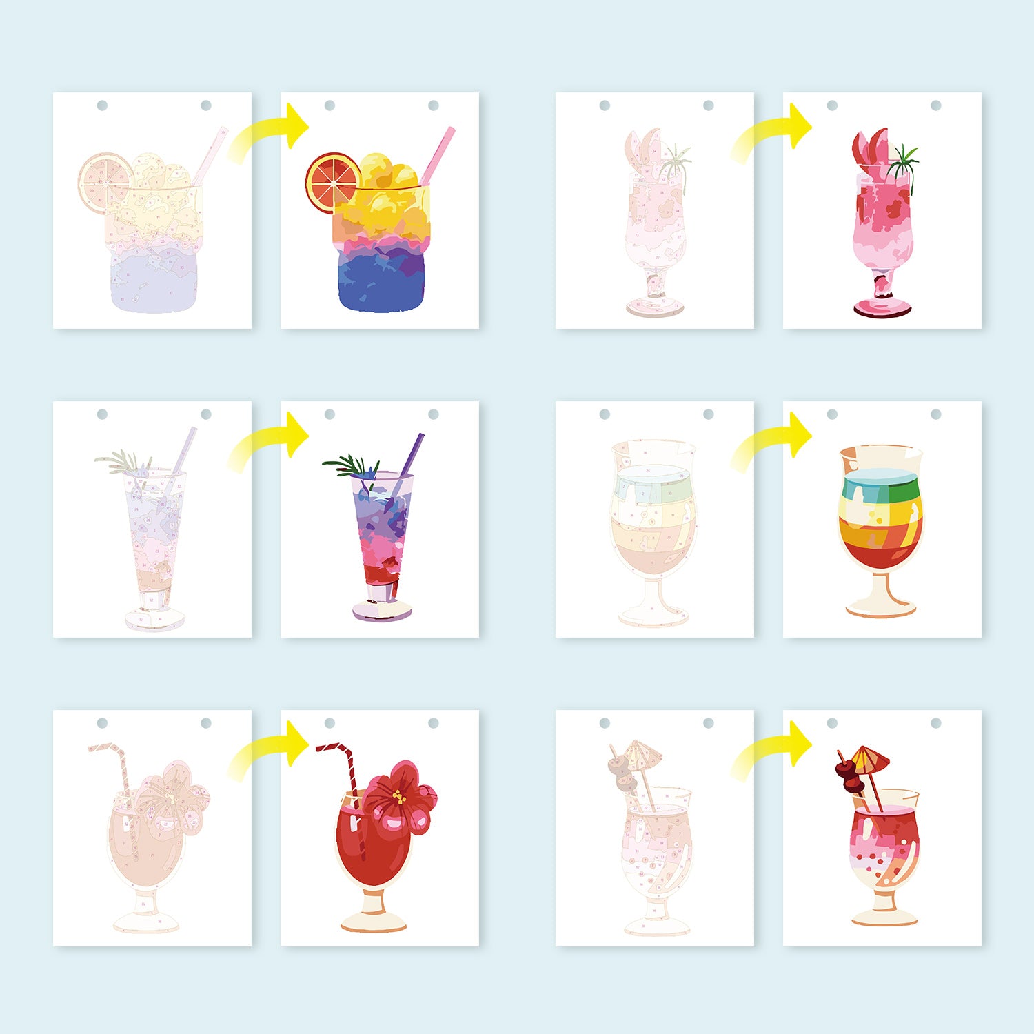 Set of colorful drink illustrations on a light blue background