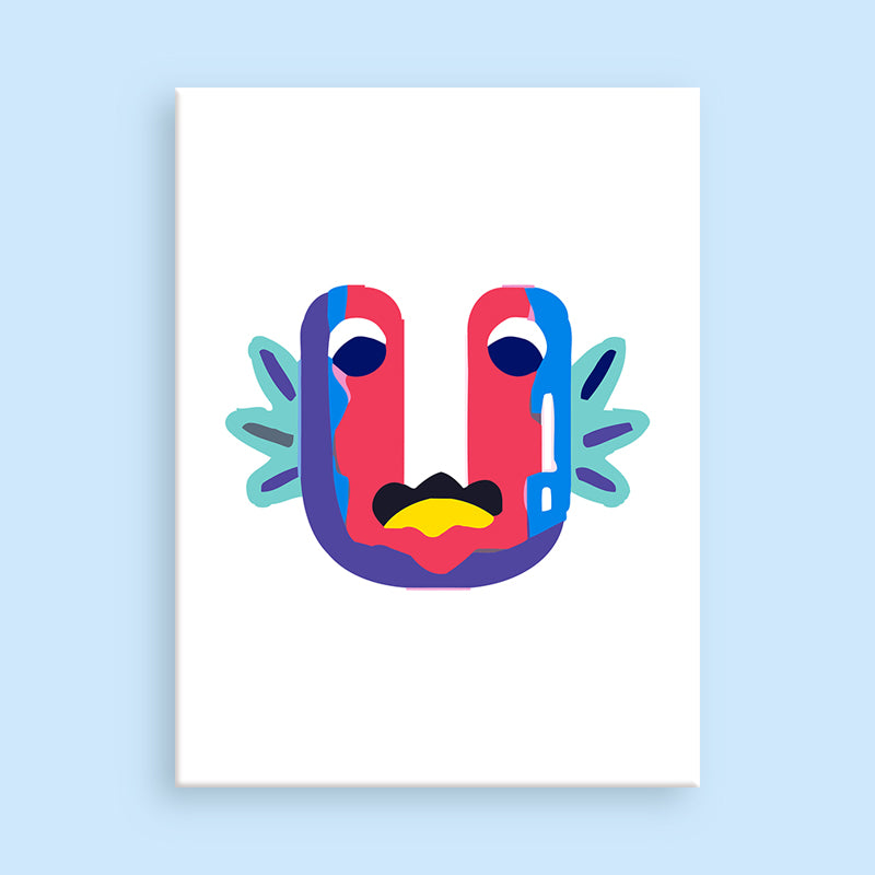 Colorful abstract face design on a white background with a light blue border
