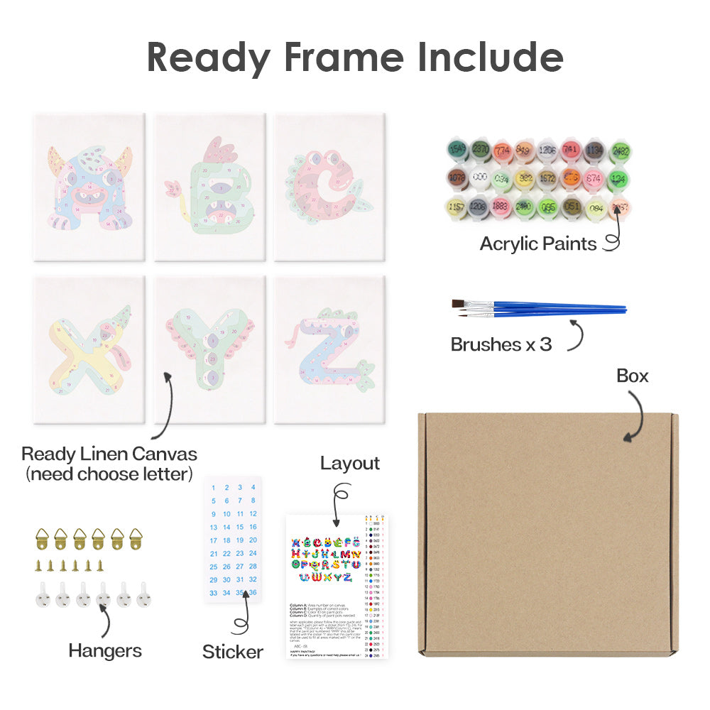 Ensemble de produits avec cadre prêt, peintures acryliques, pinceaux, toile de lin, boîte, cintres et autocollant sur fond blanc.