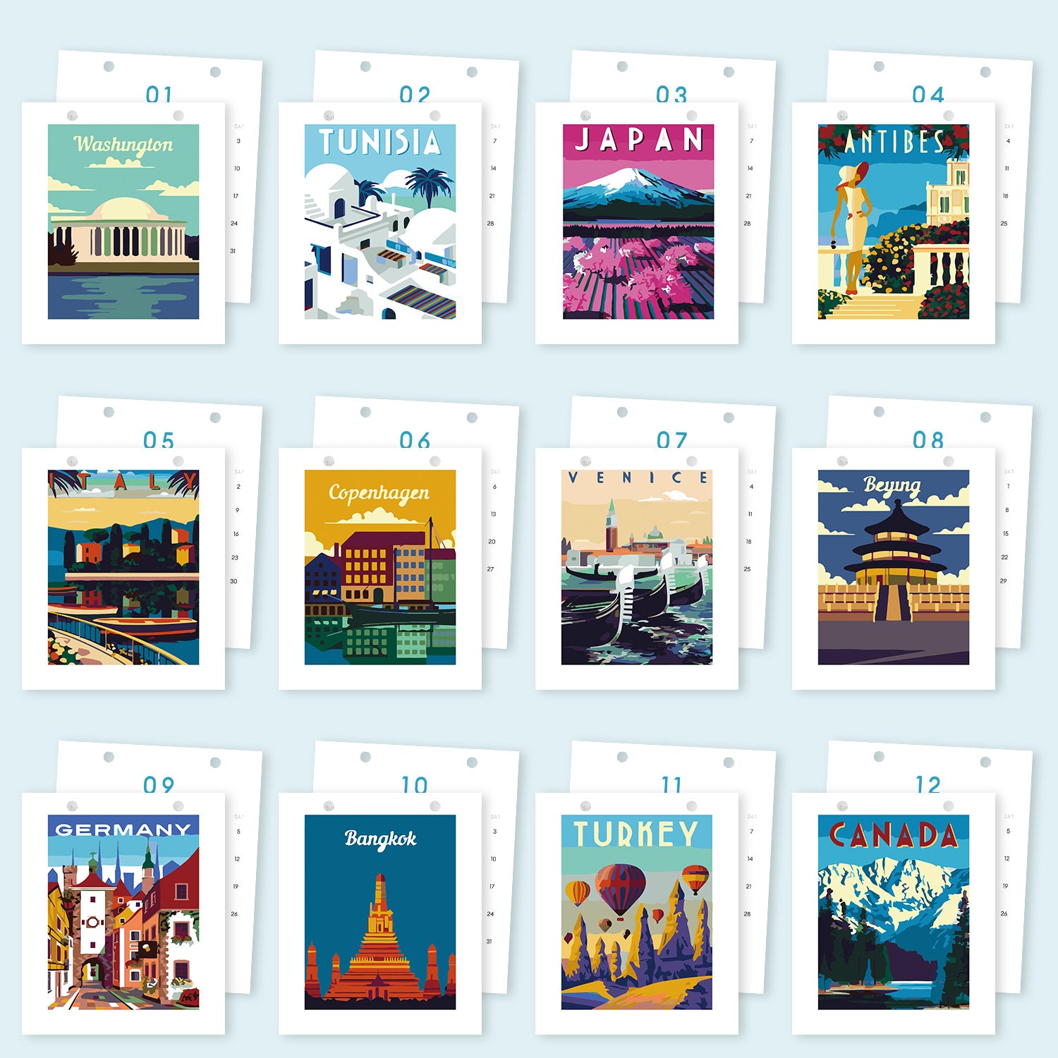 Calendar with colorful travel-themed designs of various destinations on a light blue background.