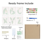 Product set with ready linen canvas, acrylic paints, brushes, box, and other items on a white background.