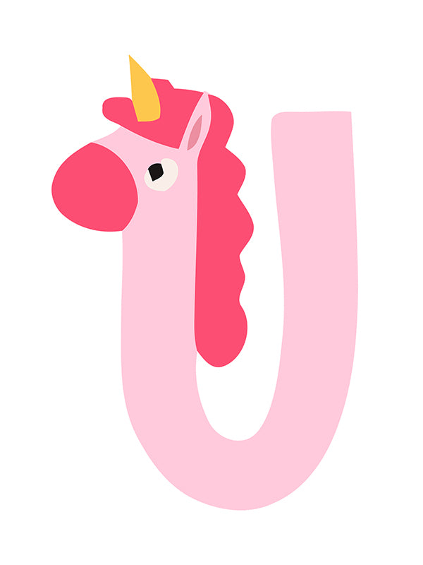 Pink letter 'U' with a unicorn design on a white background