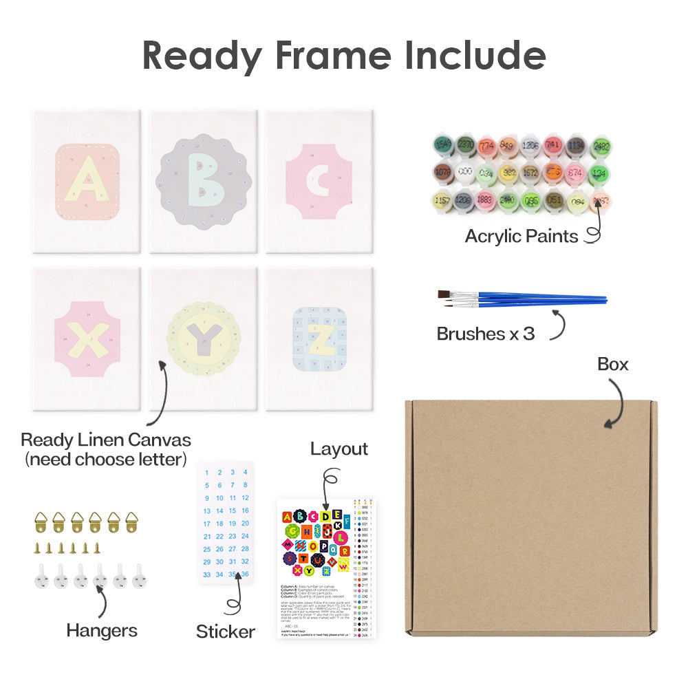 Set of art supplies including acrylic paints, brushes, a linen canvas, and letter stickers on a white background.