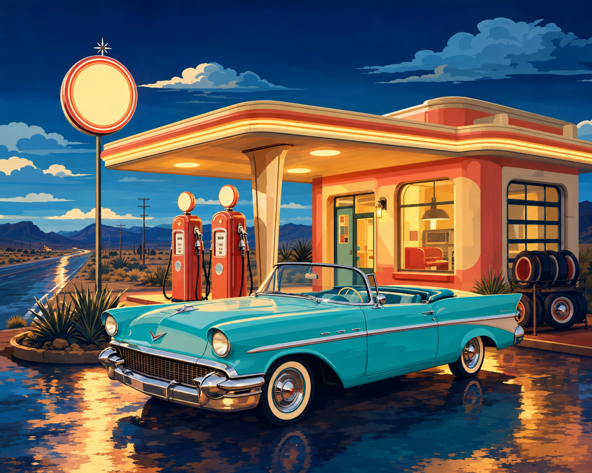A turquoise classic car parked at an illuminated desert gas station at night.