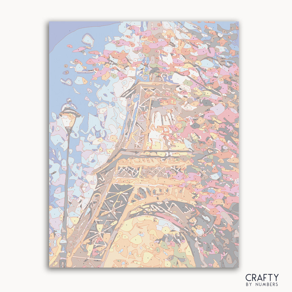 The Charm of Paris paint by numbers Love depicts a romantic Paris street scene reminiscent of famous paintings with delicate brush strokes and vibrant colors, perfect for lovers of famous landscape paintings.