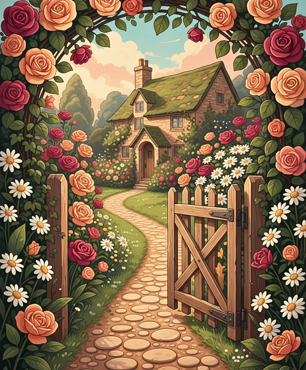 Das fertige Kunstwerk „Rose Garden Cottage“ zum Malen nach Zahlen