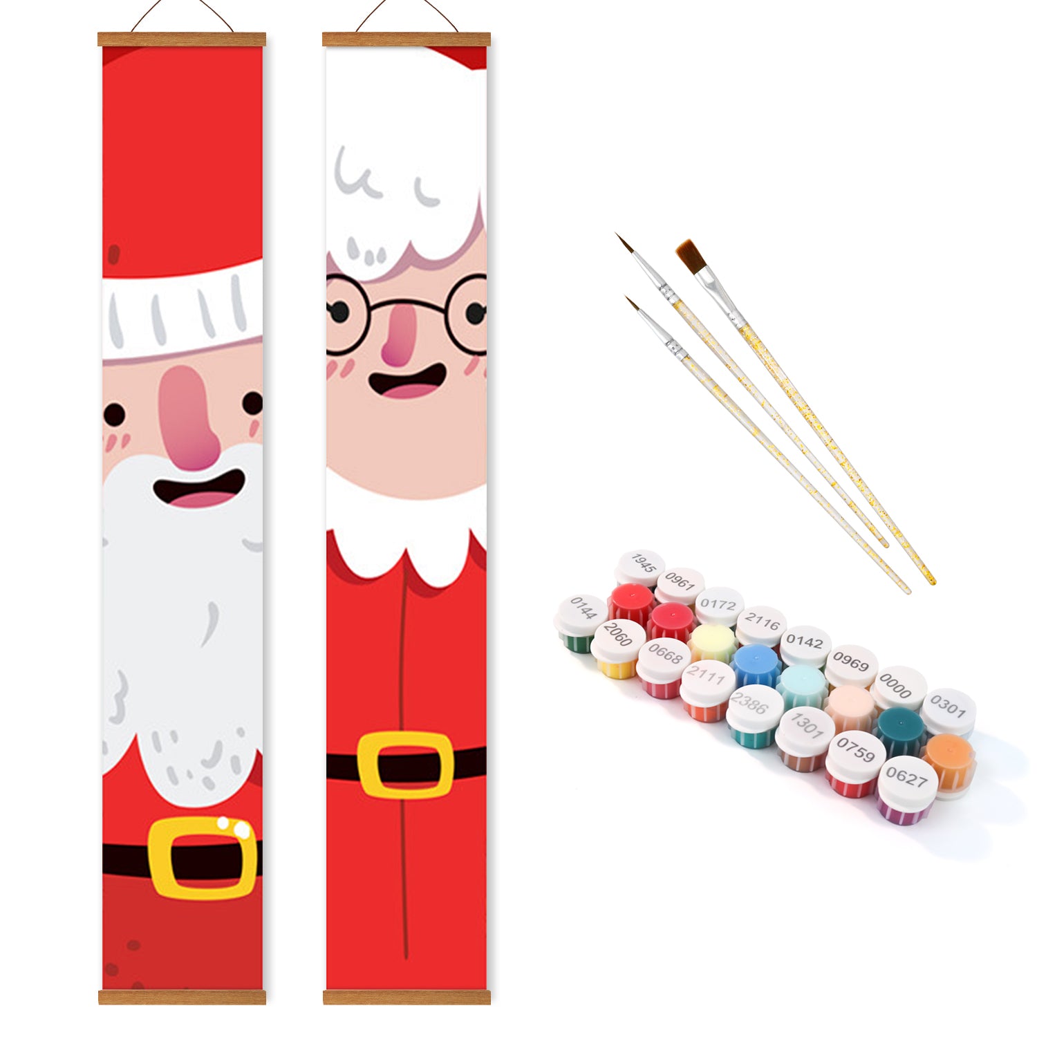 Personajes de dibujos animados de Santa Claus y la Sra. Claus en pergamino con pinceles y tubos de pintura.