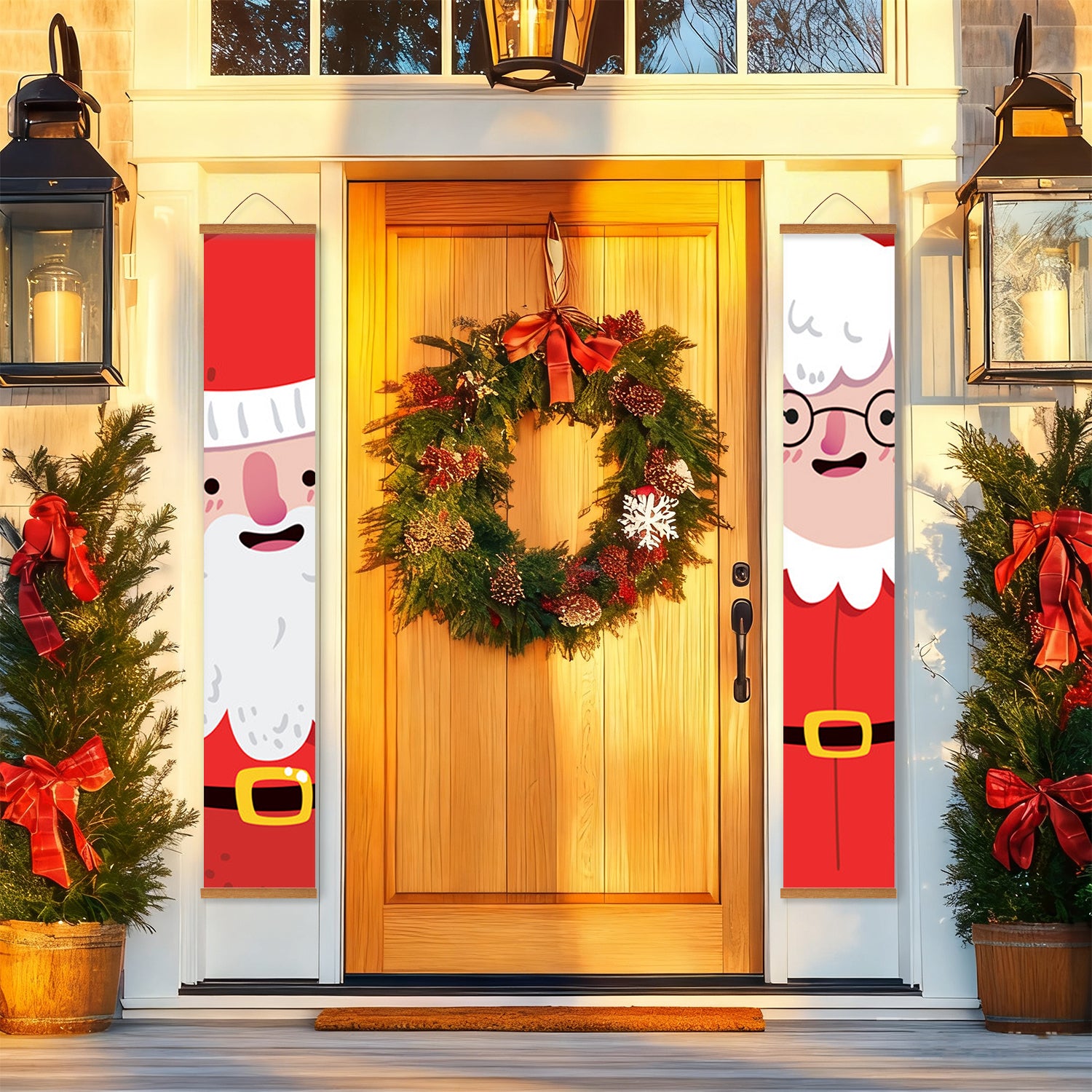 Puerta navideña decorativa con corona, adornos con temática de Papá Noel y árboles en macetas.