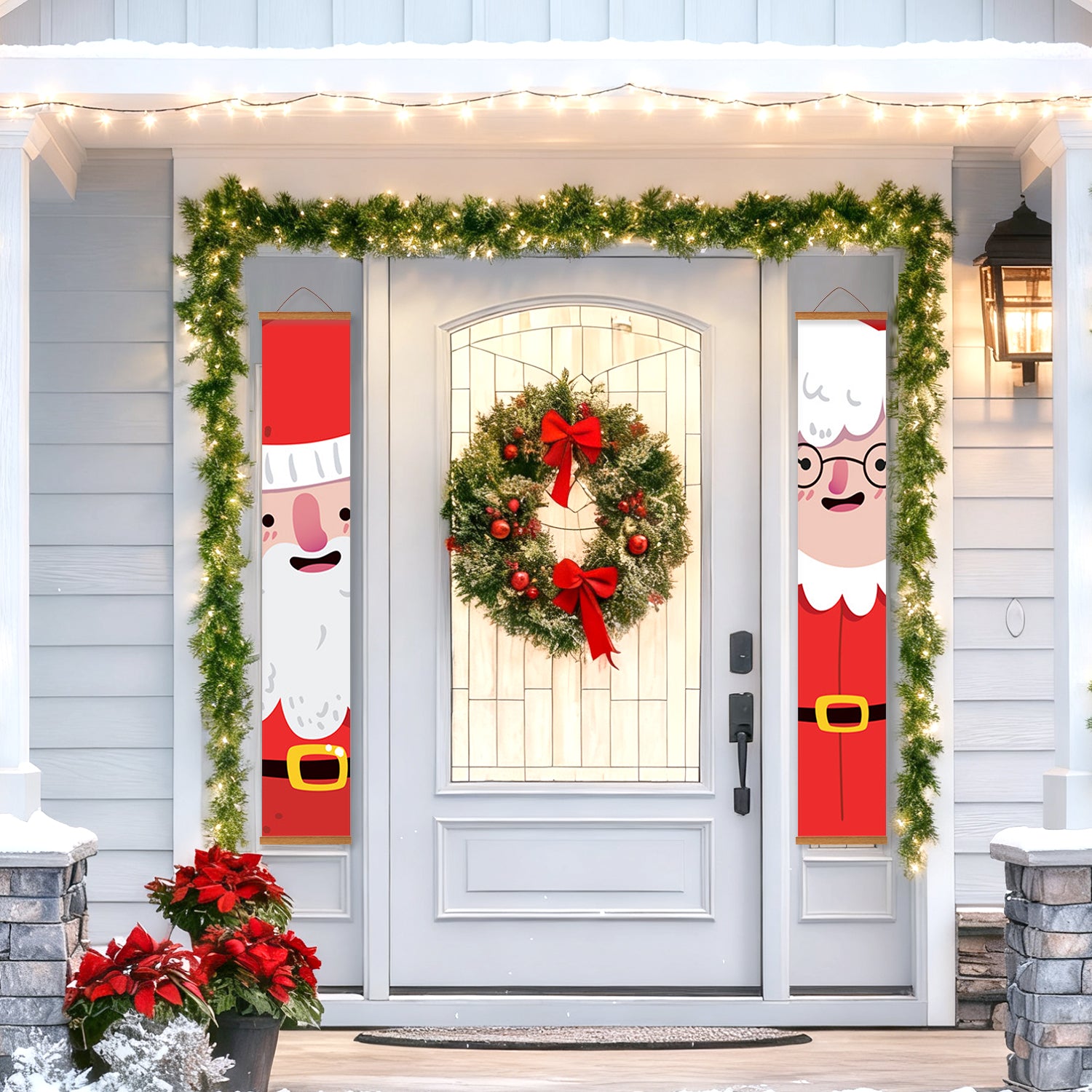 Decorative Christmas door with wreath, garlands, and Santa Claus banners on a house exterior.