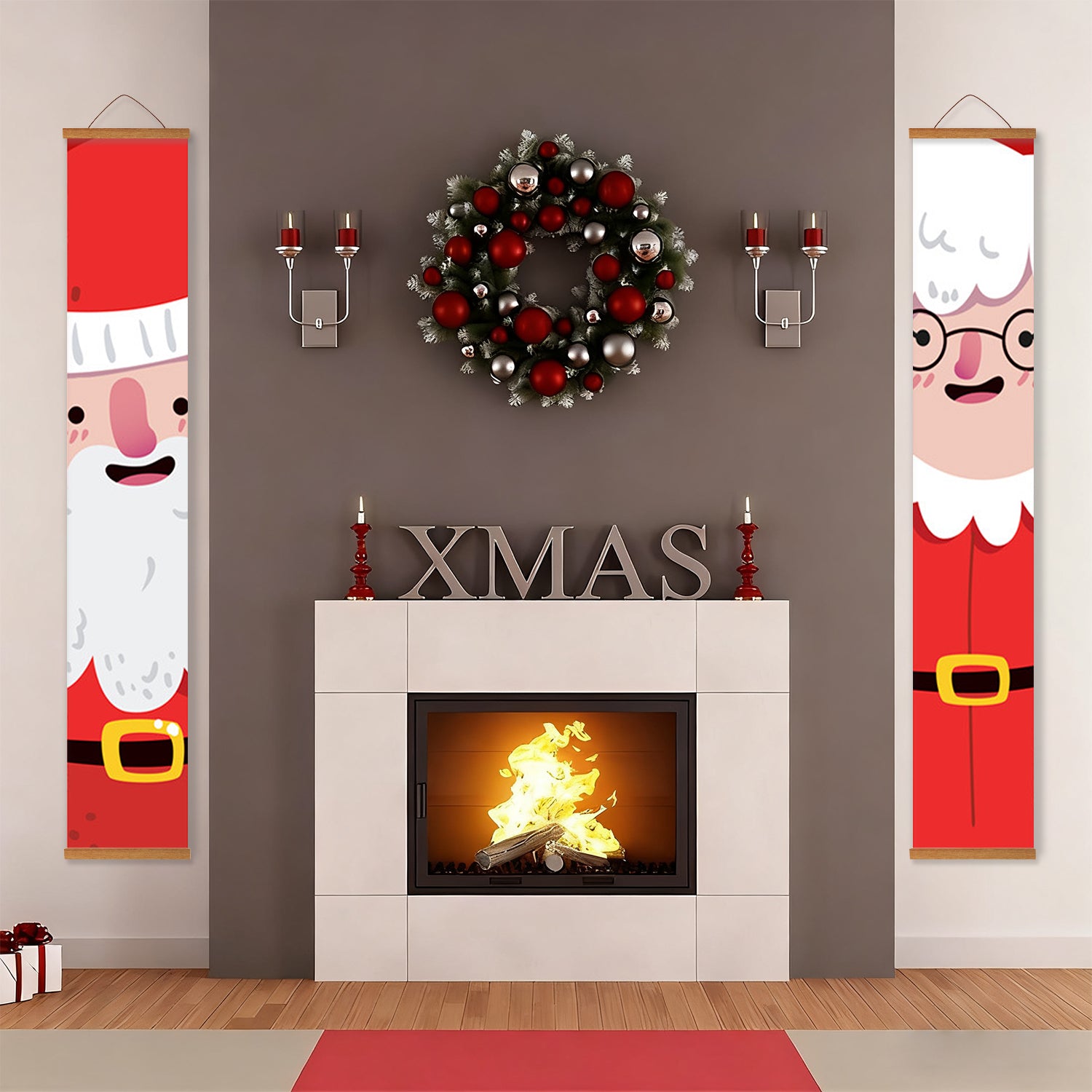 Decorative Christmas setup with a fireplace, wreath, and Santa Claus banners.