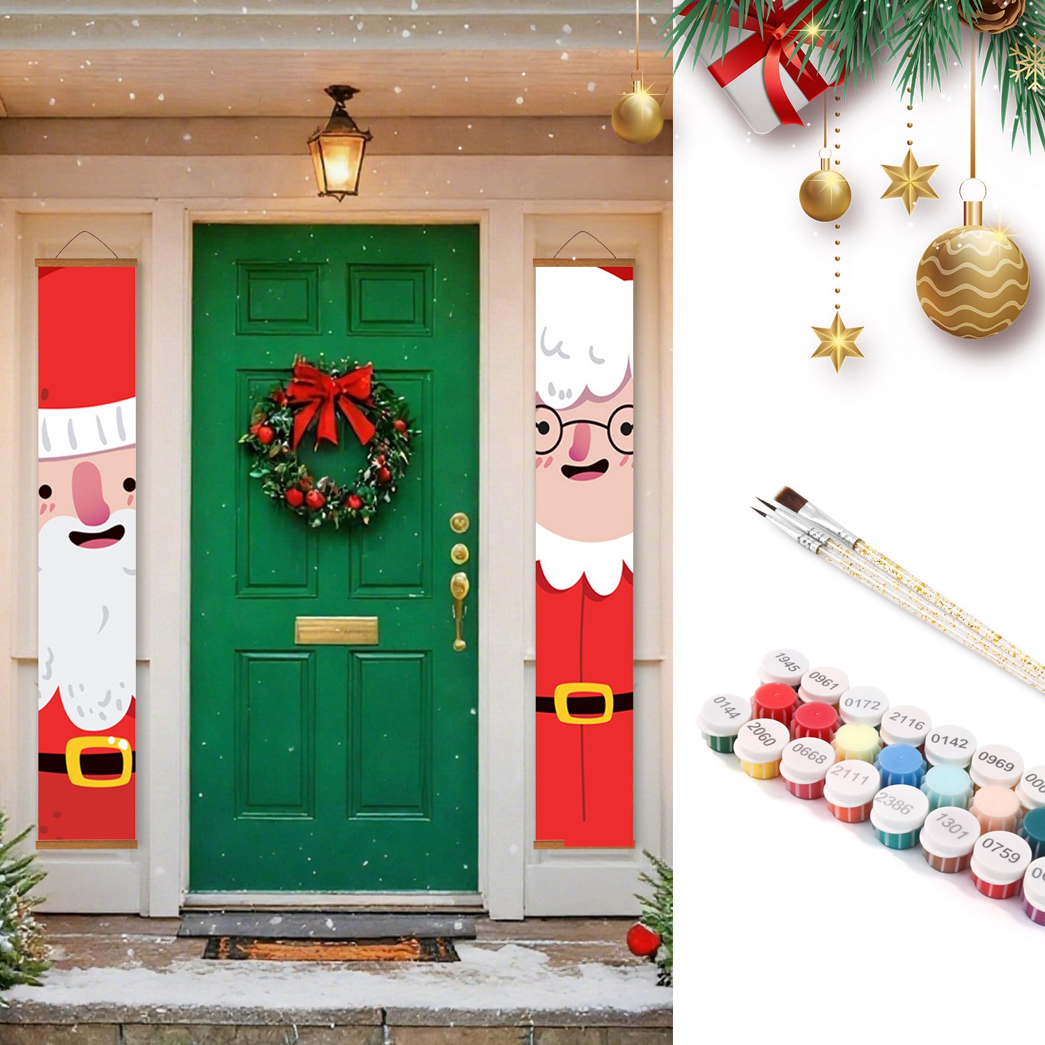 Puerta navideña decorativa con pancartas de Papá Noel y una corona, junto a botes de pintura y pinceles.