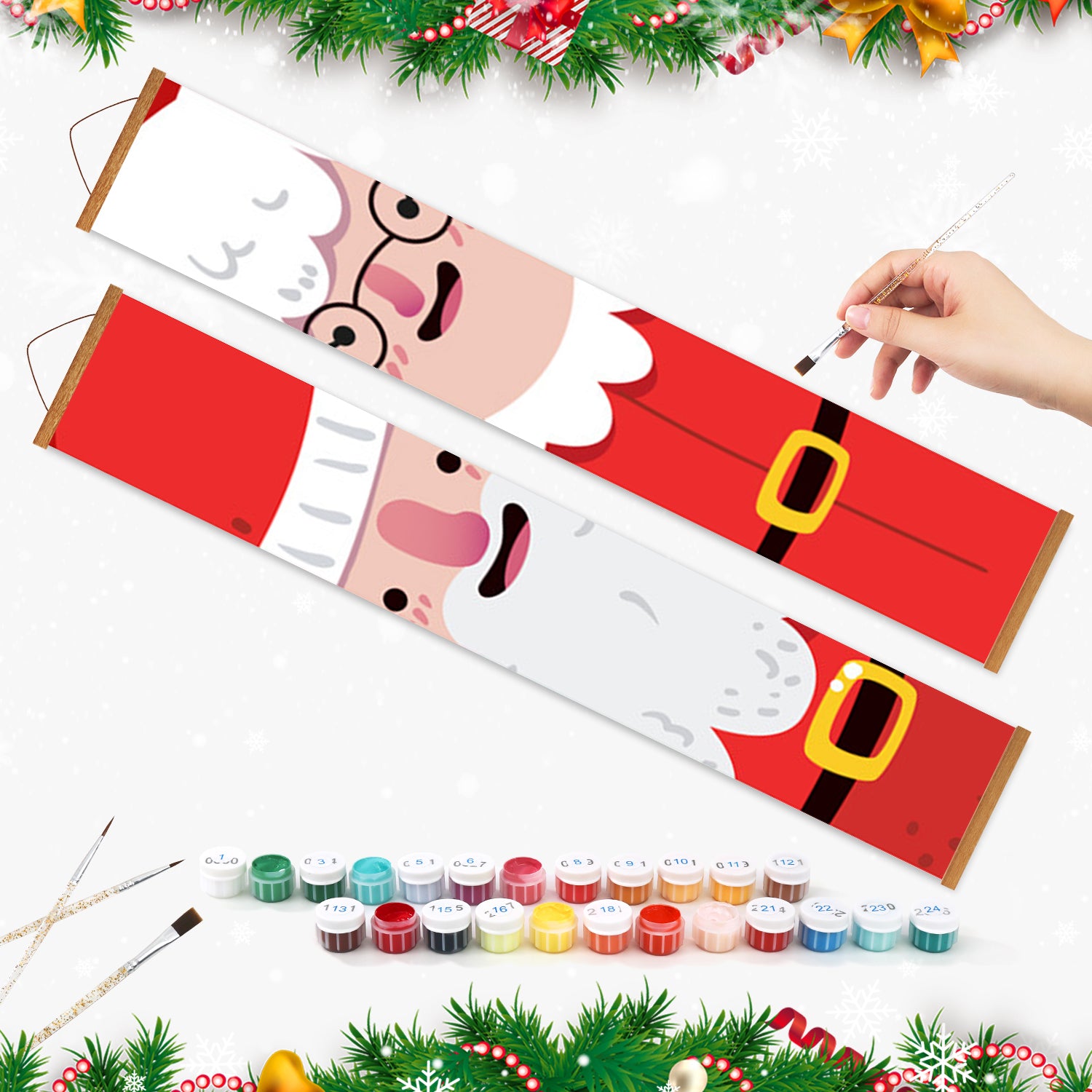 Kit de pintura con diseño de Papá Noel sobre fondo blanco.