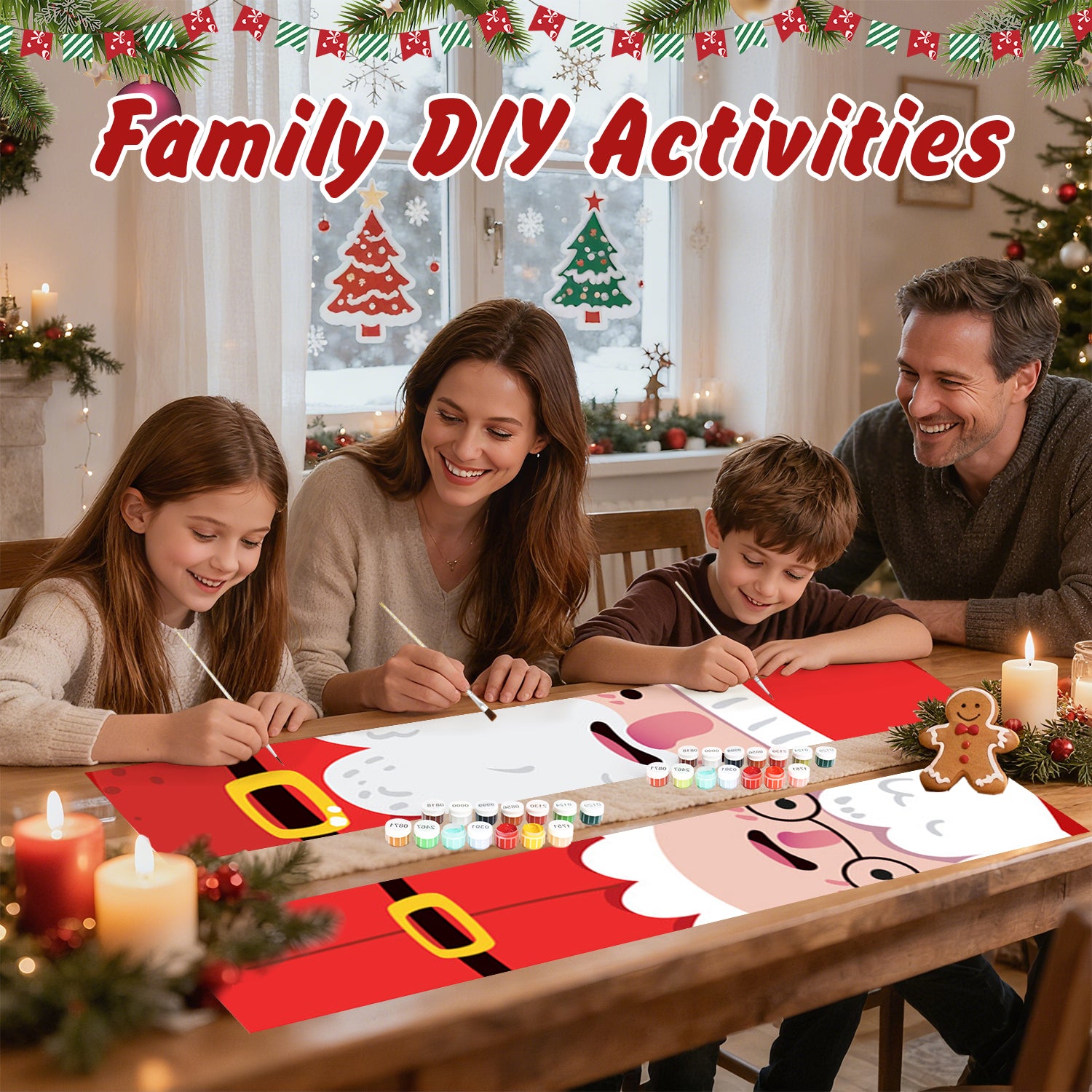 Family engaged in a DIY craft activity with Christmas decorations in the background