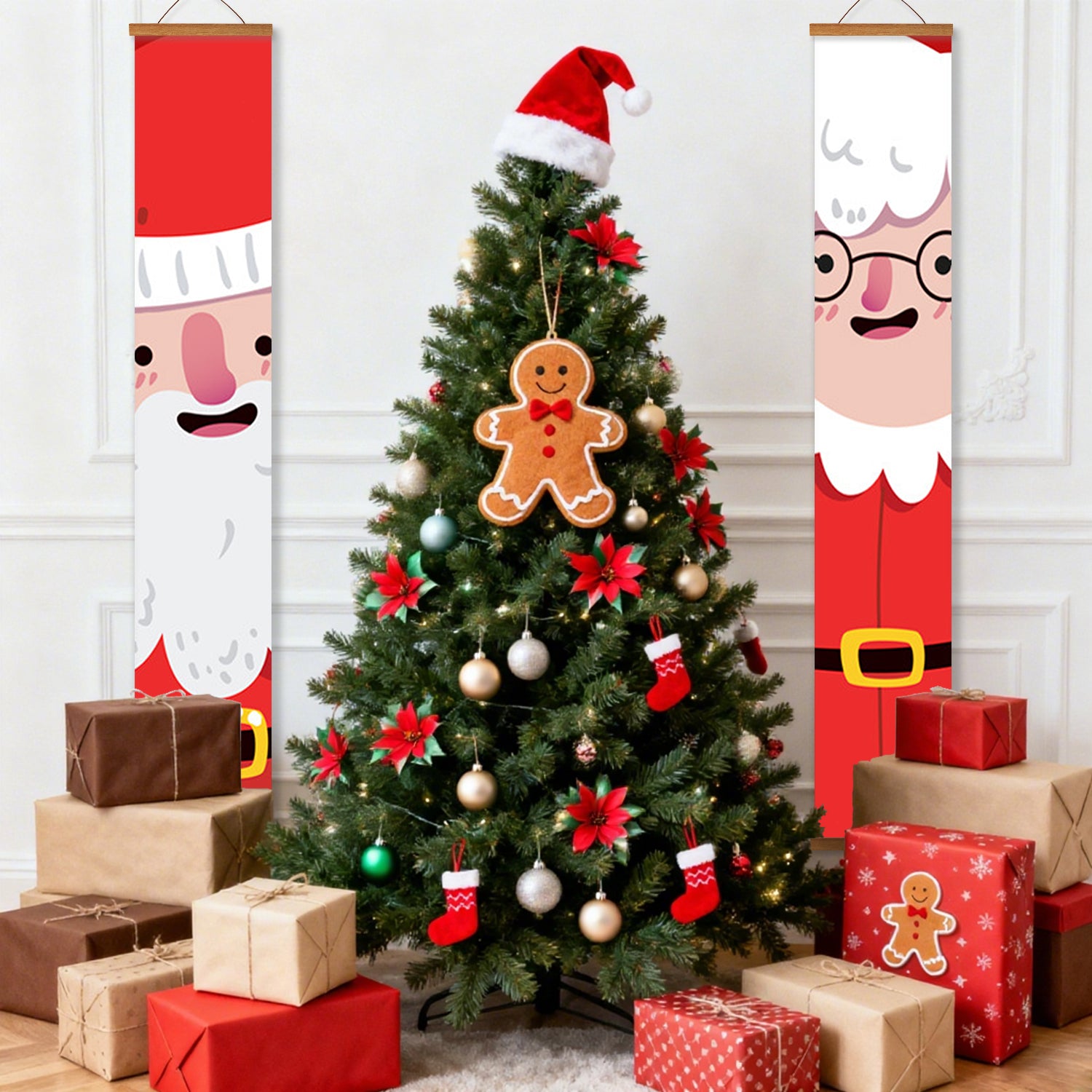 Decorated Christmas tree with ornaments and presents, flanked by festive wall hangings.