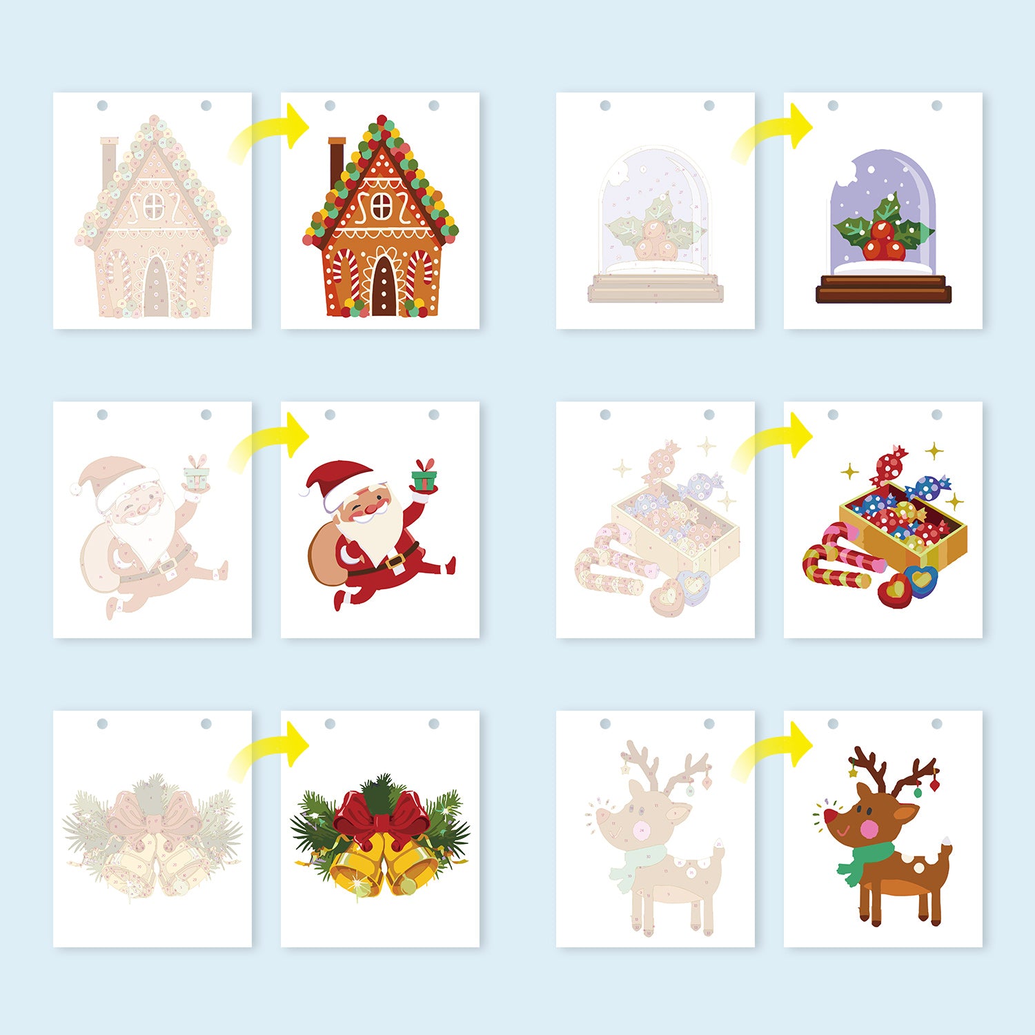 Set of Christmas-themed cards with various illustrations on a light blue background