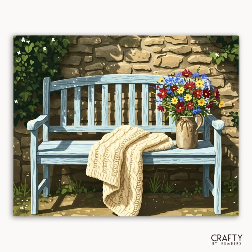 Garden Bench Serenity paint by numbers artwork on canvas