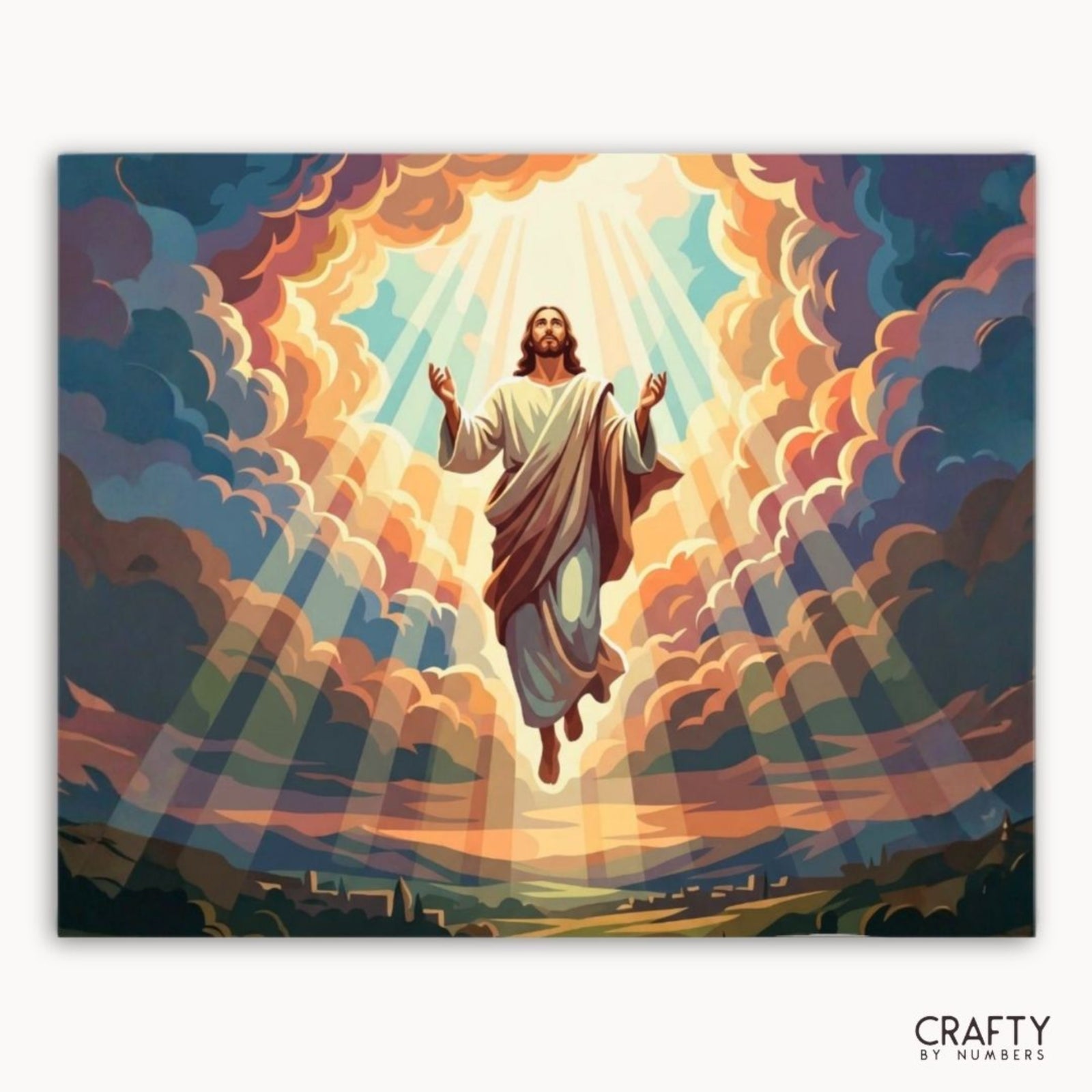 Heavenly Ascension finished paint by numbers canvas showing Jesus rising through radiant clouds