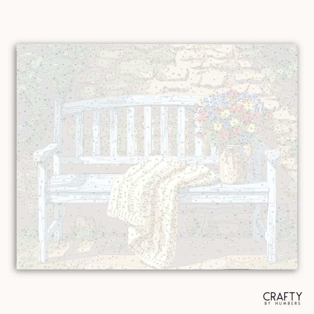 Numbered canvas preview for the Garden Bench Serenity paint by numbers kit