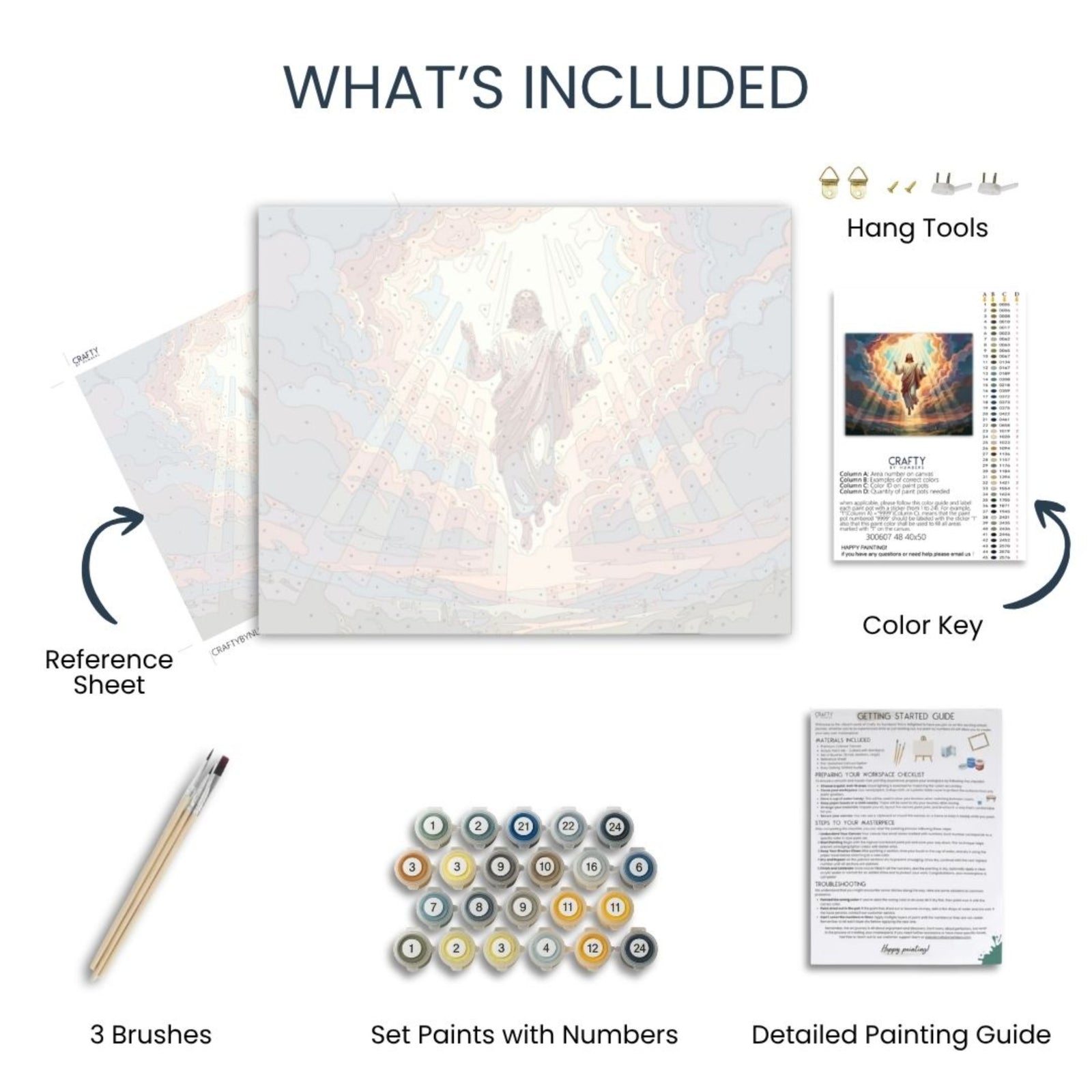 Heavenly Ascension paint by numbers kit contents with canvas, acrylic paints, brushes, color key and guide