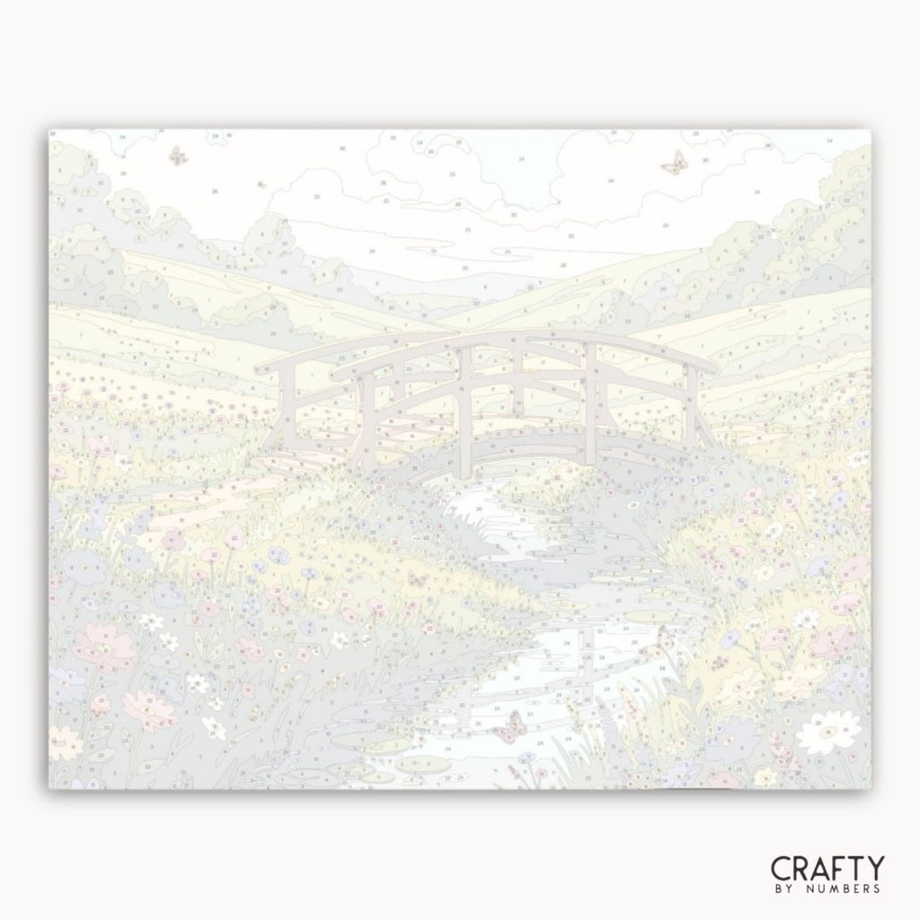 Numbered canvas preview for the Meadow Bridge Bliss paint by numbers kit