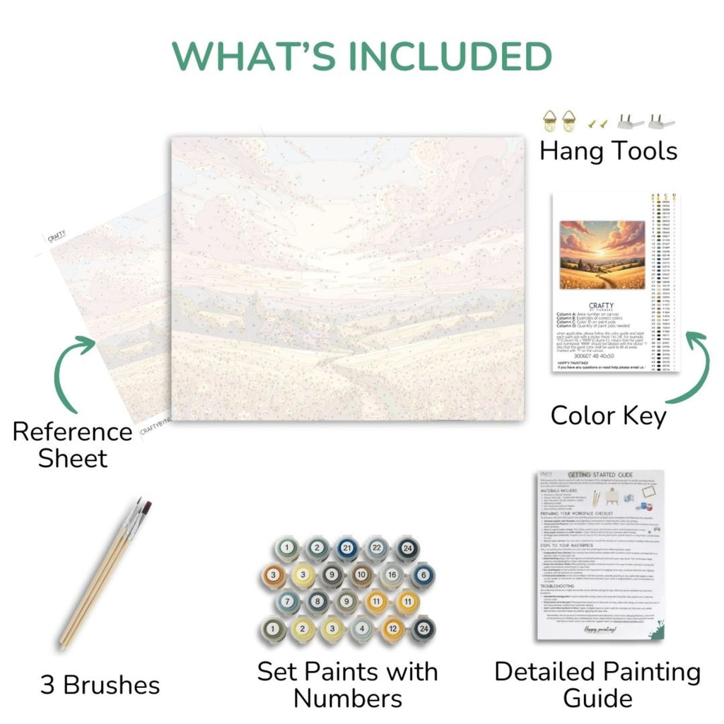 Golden Valley Sunset kit contents with numbered canvas, paints, brushes and guide