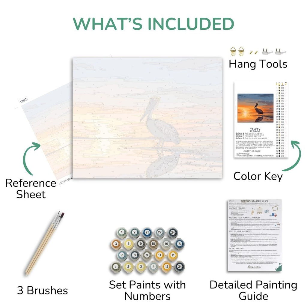 Sunset Shore Pelican kit contents with numbered canvas, paints, brushes and guide