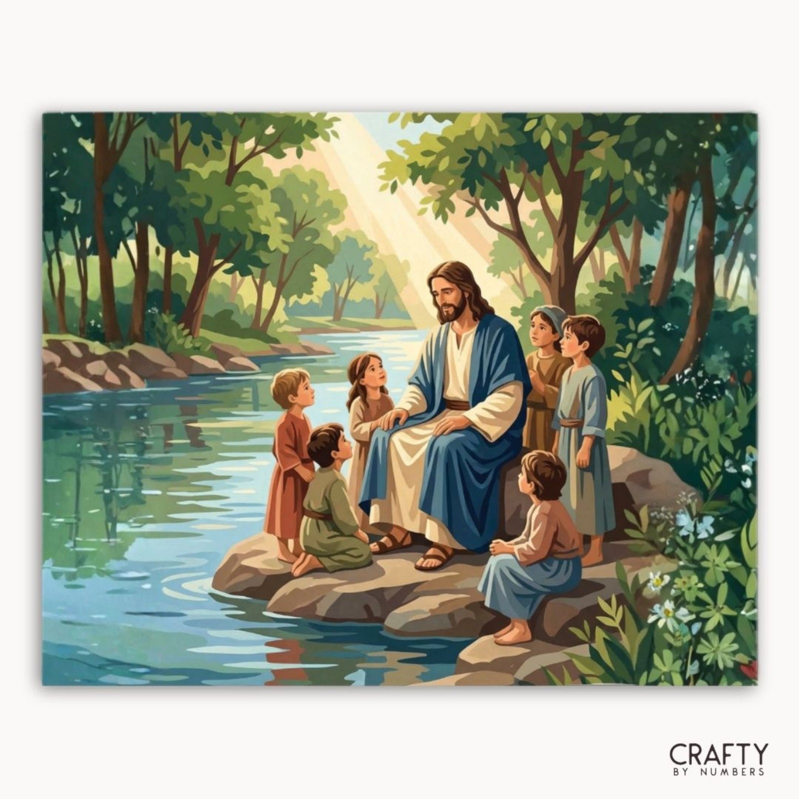 Sacred River Teaching finished paint by numbers canvas showing Jesus teaching children beside a river