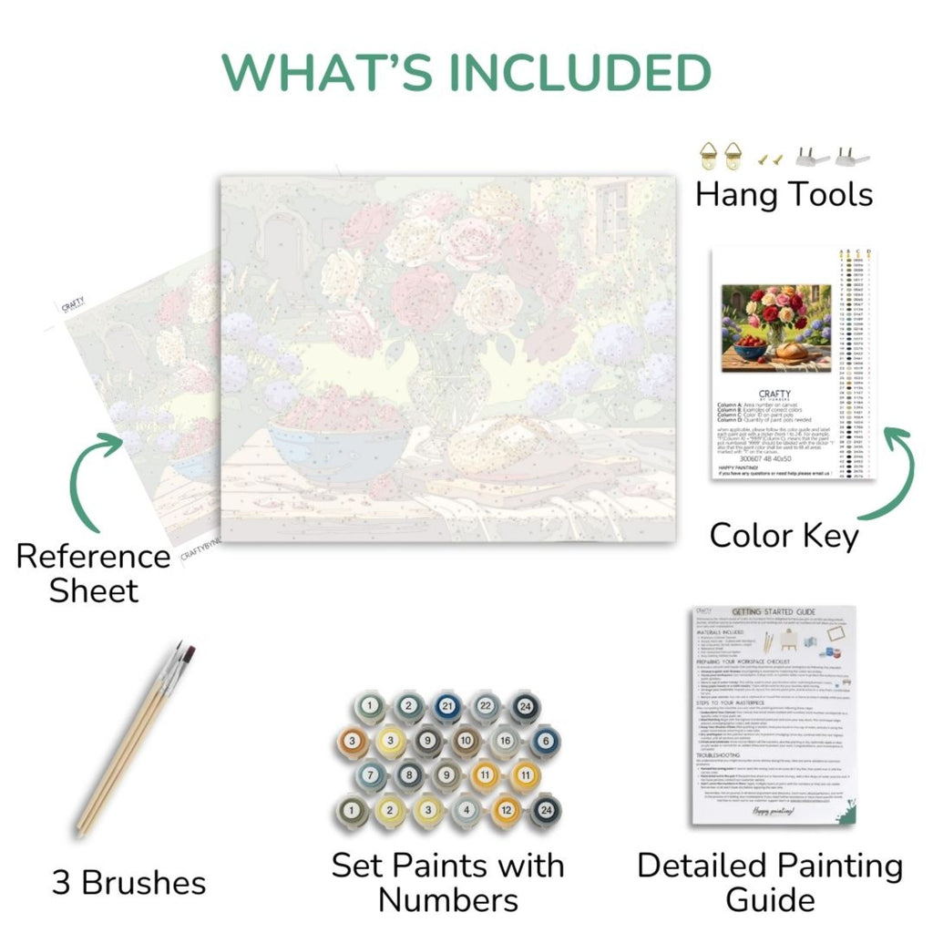 Roses And Summer Table kit contents with numbered canvas, paints, brushes and guide