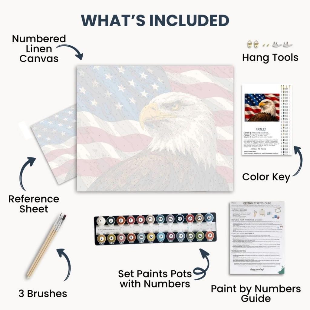 Bald Eagle kit contents with numbered canvas, paints, brushes and guide